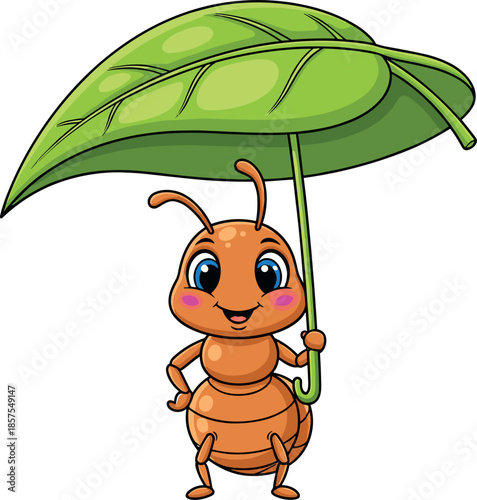 Cute ant character holding green leaf umbrella, smiling insect mascot, eco nature concept, playful cartoon style, flat vector illustration