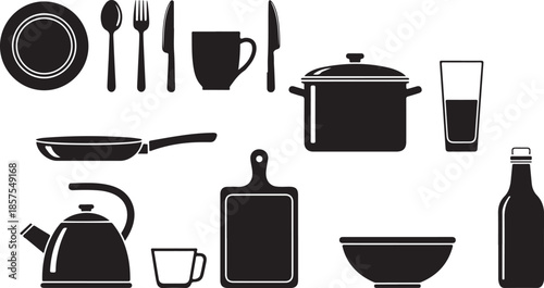 Collection of black silhouette kitchenware cooking utensils and tableware objects