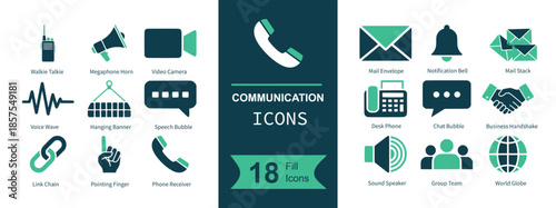 Communication icon set. Containing radio, megaphone, video camera, voice wave, banner, speech bubble, chain link, pointing hand, phone receiver, envelope, notification bell, mail stack, landline phone