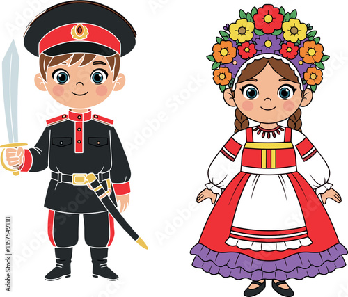 Cute boy soldier and traditional folk girl characters illustration set representing culture history children costume vector design