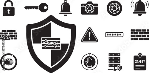 Collection of essential black and white icons representing digital security and protection