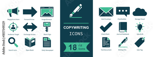 Copywriting icon set. Containing megaphone, arrow, image frame, envelope, speech bubble, cloud, target audience, double arrow, key, magnifying glass, open book, document page, checkmark, notebook, lig