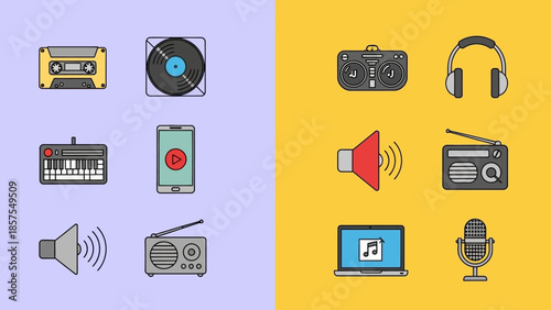 Collection of diverse audio equipment icons representing sound and music technology