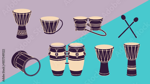 Various percussion instruments including congas, bongo drums, and djembe, with drumsticks on a muted color background, illustration