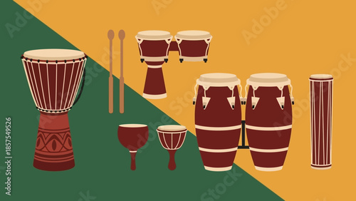 Collection of Various Percussion Instruments, Including Drums and Sticks