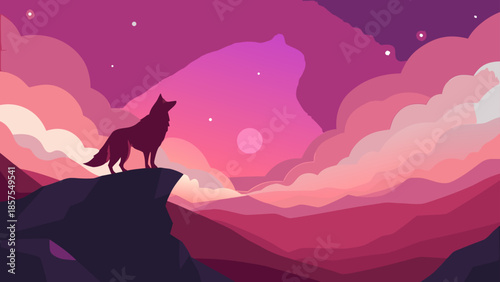 A lone wolf howls on a rocky cliff silhouette against a stunning pink and purple twilight sky illustration