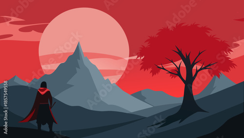 Cloaked figure gazes at a breathtaking red sky and mountain range in a minimalist flat design illustration