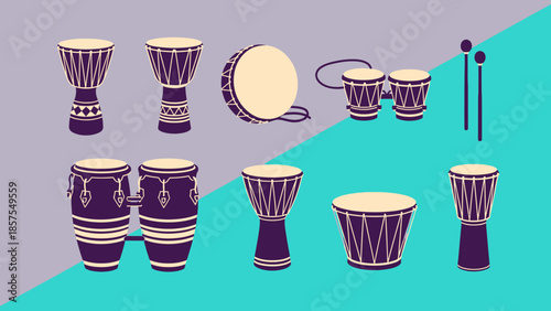 A colorful collection of various drums and percussion instruments on a plain background