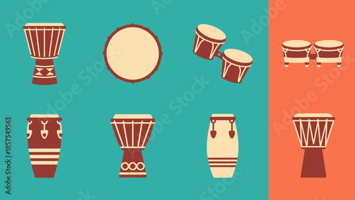 Collection of various drum instruments, a percussion set ideal for music production and design