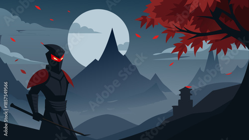A Ninja Warrior Stands in a Misty Mountain Landscape Under a Full Moon