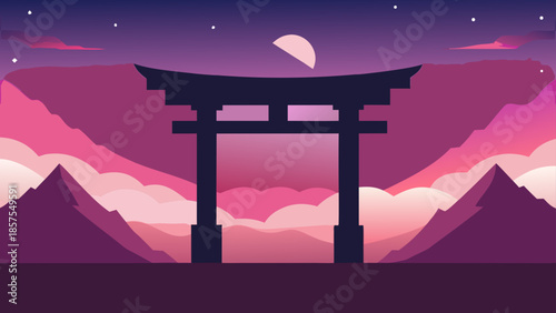 Minimalist Digital Art of a Japanese Torii Gate Silhouette Against a Pink and Purple Night Sky with Mountains