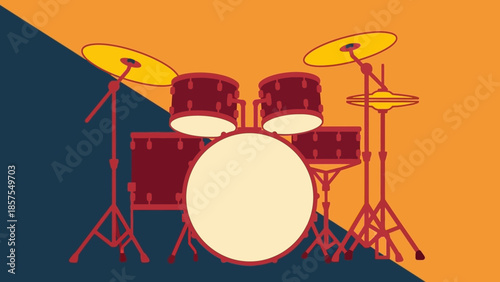 Illustration of a drum kit with cymbals, bass drum, and toms on a split background