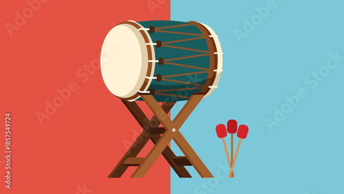 Illustration of a traditional drum with drumsticks on a split red and blue background, musical instrument art