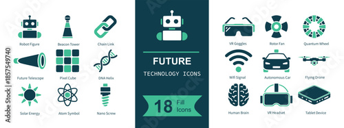 Future technology icon set. Containing robot, beacon, blockchain link, telescope, nano cube, DNA, solar sun, atom, implant screw, VR glasses, quantum rotor, hologram circle, wifi, autonomous car, dron