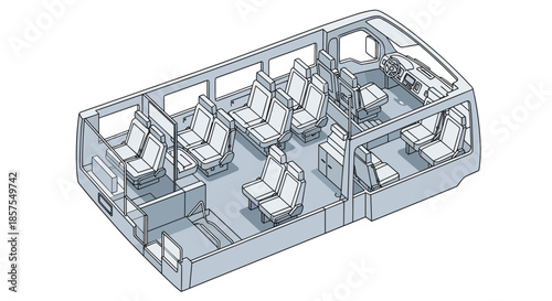 Isometric cutaway line drawing showing the interior layout and seating arrangement of a modern passenger shuttle minibus.