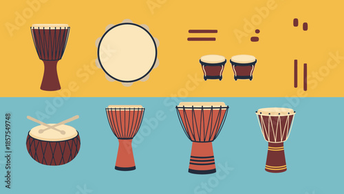 Collection of various drums, percussion instruments, and drumsticks arranged in a playful, flat design style on a colorful background
