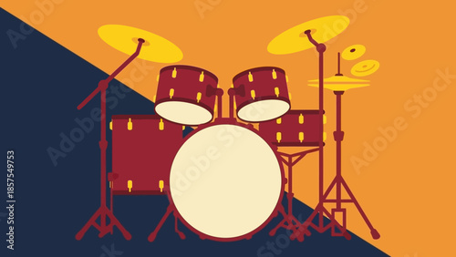 Colorful illustration of a drum kit with cymbals, symbolizing music and performance