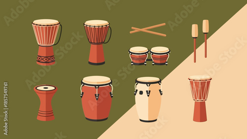 Vector set of various drums and percussion instruments with drumsticks on a split background