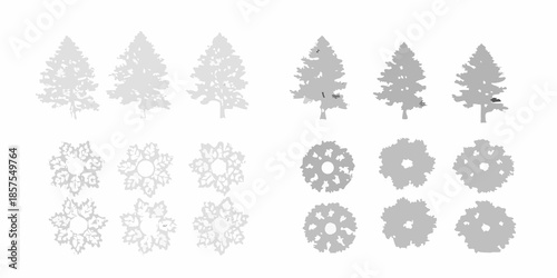 Gray silhouettes of coniferous trees and snowflake patterns against a white background