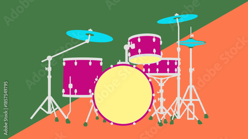 A vibrant and colorful illustration of a drum kit, featuring a bass drum, snare drum, toms, and cymbals, set against a contrasting background