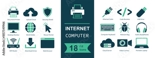 Internet computer icon set. Containing printer, upload cloud, security shield, monitor screen, globe network, mouse pointer, wifi router, download arrow, browser window, network cable, code brackets, 