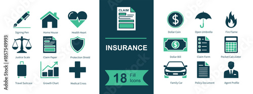 Insurance icon set. Containing signing pen, home, health heart, claim form, dollar coin, umbrella protection, fire risk, balance scales, policy document, shield security, travel suitcase, growth chart