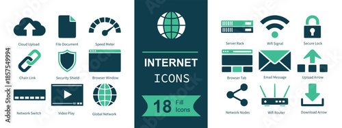 Internet icon set. Containing cloud upload, document file, speed gauge, globe network, server rack, wifi signal, lock security, chain link, shield firewall, browser window, email envelope, upload arro