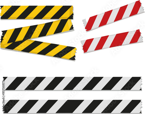 Isolated a Set of yellow, black and red and white warning restriction or forbidden area tape, no entry, area under contruction, traffic accident, crime vector art with white background.