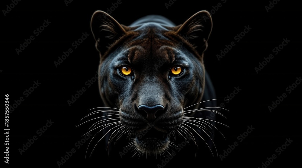 Obraz premium Front view of Panther on black background. Wild animals banner with copy space. Predator series. digital art 