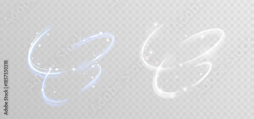 Elegant white and blue flowing light trails with sparkling particles on transparent background.
