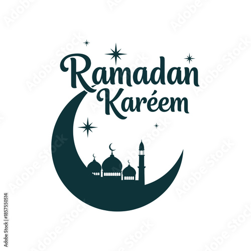 Ramadan Kareem Greeting Typography with Crescent Moon and Mosque Silhouette