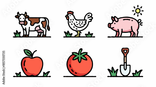 Colorful farm animal and food icons: cow, chicken, pig, apple, tomato, shovel—playful, color-filled line drawings with an agricultural theme