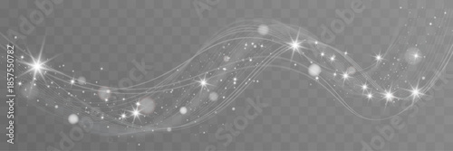 Flowing white light wave with sparkling particles on transparent background.
