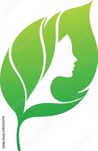 organic cosmetics brand icon, woman profile inside green leaf, woman leaf logo