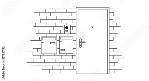 Simple line drawing of a building entrance with a door, intercom, and two mailboxes on a brick wall background.