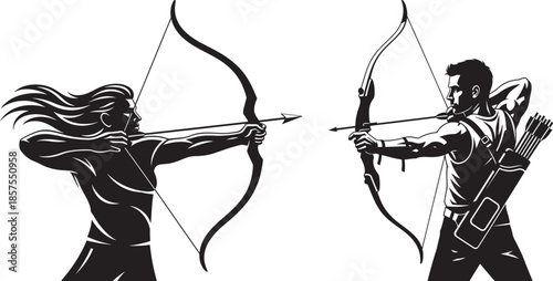 Archery Duo of a Man and Woman Aiming Bows and Arrows Illustration