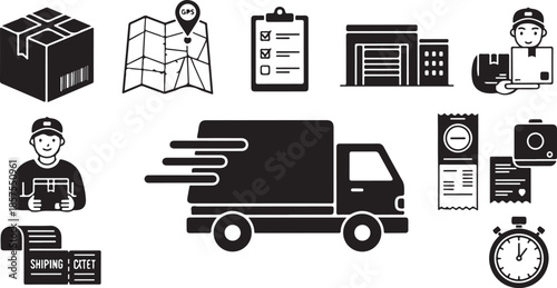 Collection of essential logistics and delivery service icons for shipping
