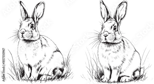 Realistic Line Art Illustration of Rabbits Sitting in the Grass Field