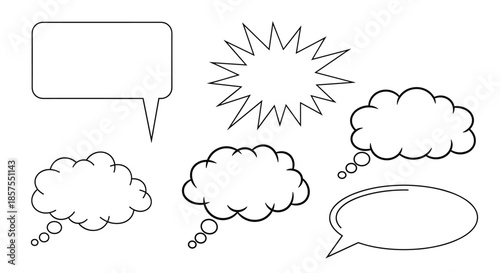 Set of six different black and white outline speech bubbles and thought clouds for comics, dialogue, and communication.