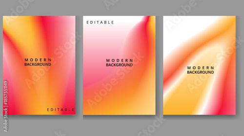 Set of three vibrant abstract cover designs featuring fluid gradient blending of warm orange pink and yellow hues for modern background use