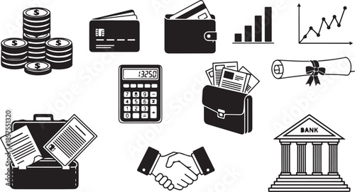 Collection of essential finance and business management icons in black silhouette
