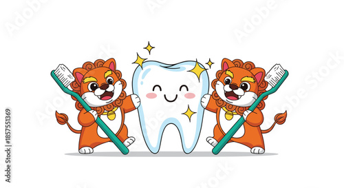 Cute cartoon of two lion mascots holding toothbrushes next to a large, sparkling clean and happy tooth character.