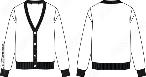 Cardigan sweater front back view, fashion sketch, technical drawing, vector template, apparel design, garment flat, clothing illustration, cad drawing flat vector illustration
