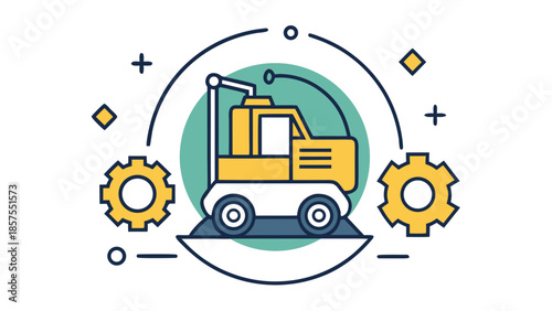 A colorful illustration of a yellow excavator with gears on a green background