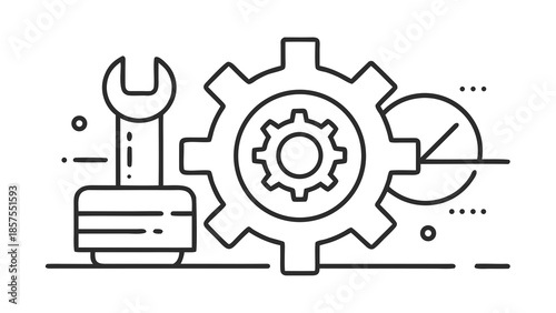 Black line icon of gear and wrench for business or industrial concept