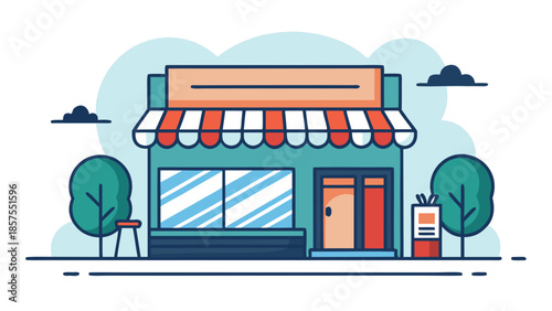 Colorful illustration of a small storefront with awning and trees on sidewalk