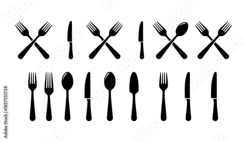 Black silverware icon set with fork spoon and knife menu symbols isolated on white