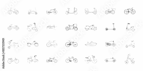 Collection of minimalistic bicycle and vehicle line drawings on a white background