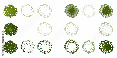 A collection of aerial views depicting various round tree canopies