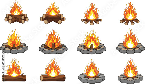 Cartoon Campfire and Bonfire Illustration Set with Burning Wood Logs and Stone Fire Pits for Camping, Outdoor and Survival Design